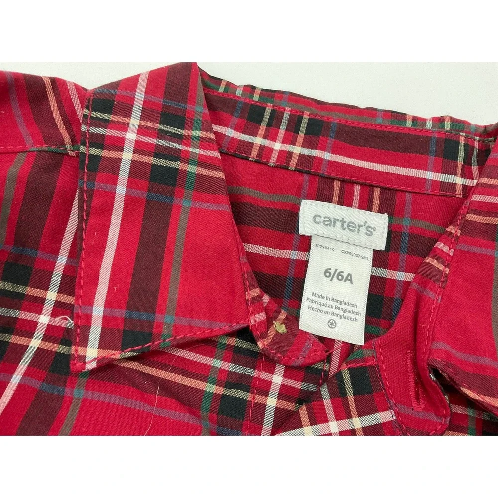 Carters Button Down Shirt Boys 6 Green Red Plaid 2 Pack Holiday School Classic